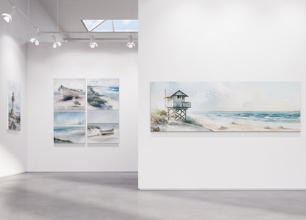 coastal art work framed canvas picture print beach hut painting, set available