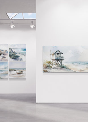 coastal art work framed canvas picture print beach hut painting, set available