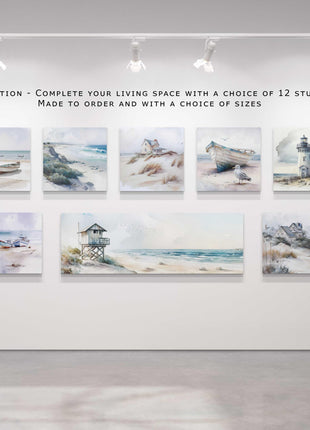 coastal art work framed canvas picture print beach hut painting, set available