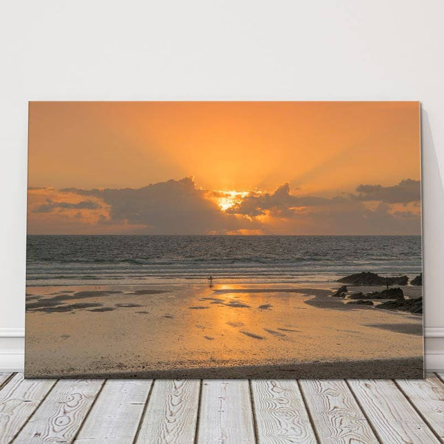 Fistral beach sunset Canvas picure print surfer in the sunset newquay cornwall