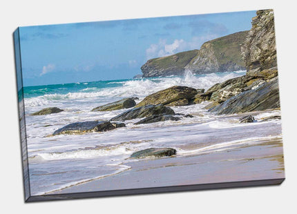 Watergate Bay. Cornwall coastline. Rocks and waves canvas picture print newquay