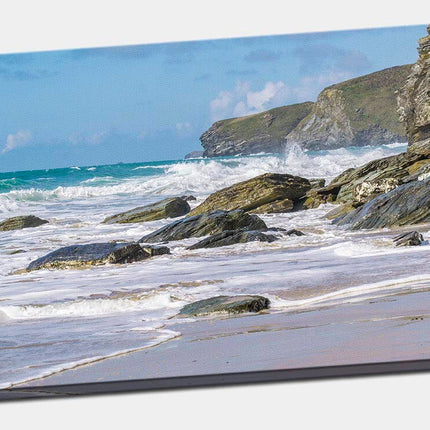 Watergate Bay. Cornwall coastline. Rocks and waves canvas picture print newquay