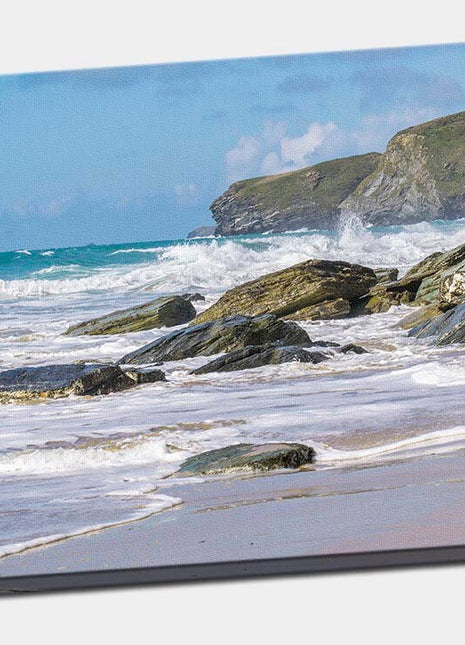 Watergate Bay. Cornwall coastline. Rocks and waves canvas picture print newquay