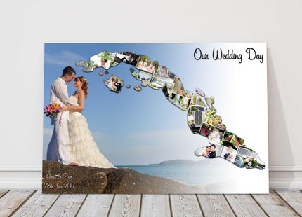 Wedding photo collage, canvas picture print. Main photo and heart collage.