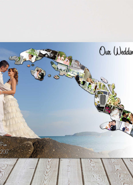 Wedding photo collage, canvas picture print. Main photo and heart collage.