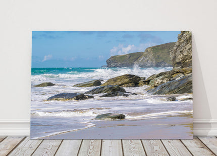 Watergate Bay. Cornwall coastline. Rocks and waves canvas picture print newquay