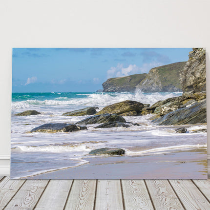 Watergate Bay. Cornwall coastline. Rocks and waves canvas picture print newquay