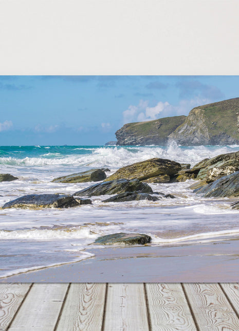 Watergate Bay. Cornwall coastline. Rocks and waves canvas picture print newquay