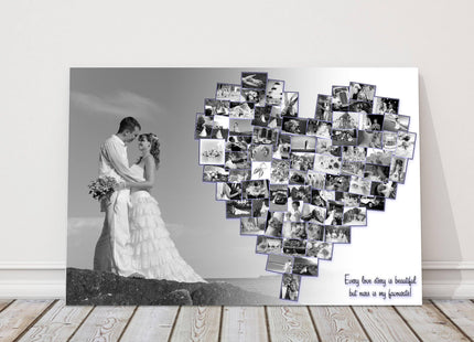 Wedding photo collage, canvas picture print. Main photo and heart collage.