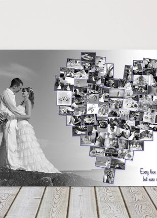 Wedding photo collage, canvas picture print. Main photo and heart collage.