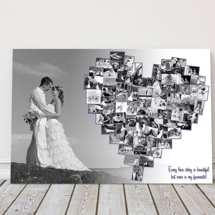 Wedding photo collage, canvas picture print. Main photo and heart collage.