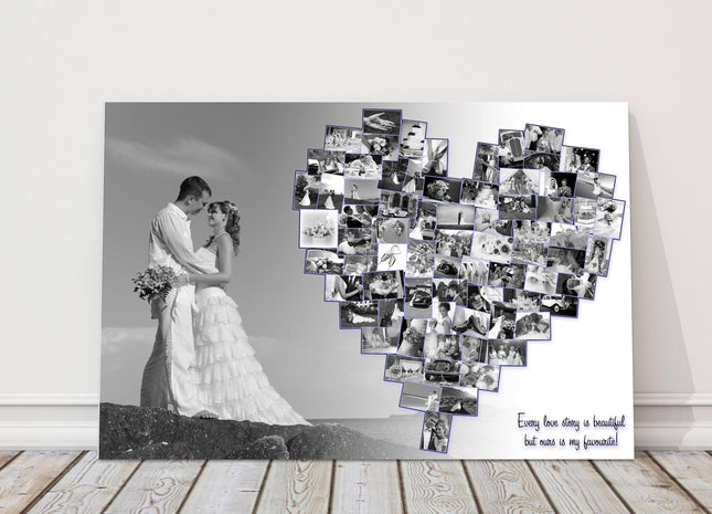 Wedding photo collage, canvas picture print. Main photo and heart collage.