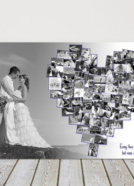 Wedding photo collage, canvas picture print. Main photo and heart collage.