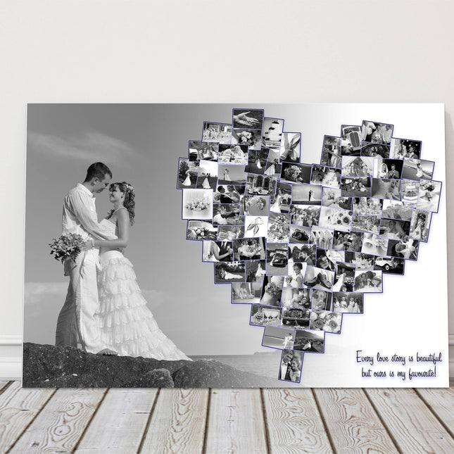 Wedding photo collage, canvas picture print. Main photo and heart collage.
