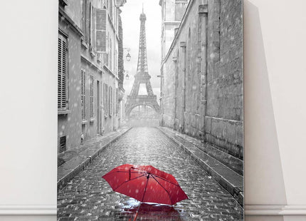 Eiffel Tower view from the street. Paris. Black and white image with red umbrella. Modern picture artwork