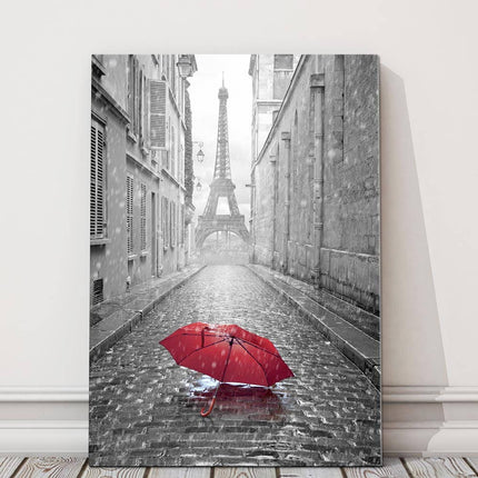 Eiffel Tower view from the street. Paris. Black and white image with red umbrella. Modern picture artwork