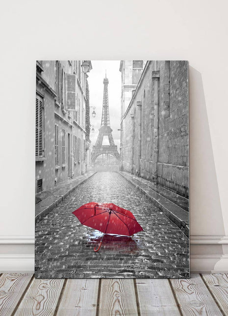 Eiffel Tower view from the street. Paris. Black and white image with red umbrella. Modern picture artwork