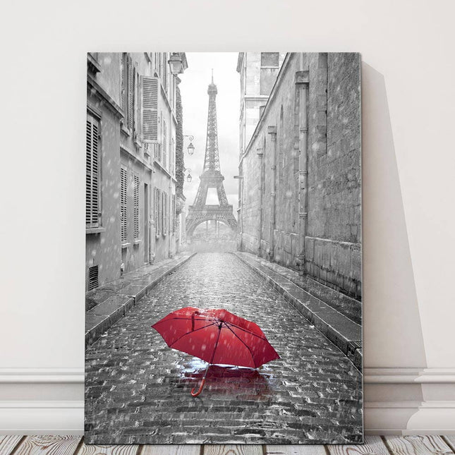 Eiffel Tower view from the street. Paris. Black and white image with red umbrella. Modern picture artwork