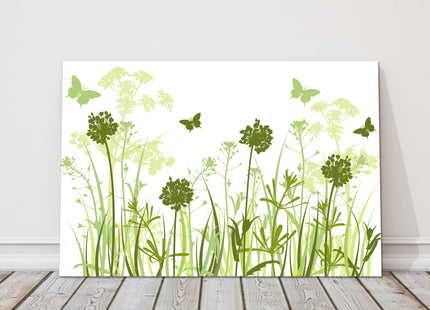 Wild flowers, green grasses. Canvas picture print green and white art