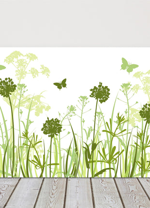 Wild flowers, green grasses. Canvas picture print green and white art