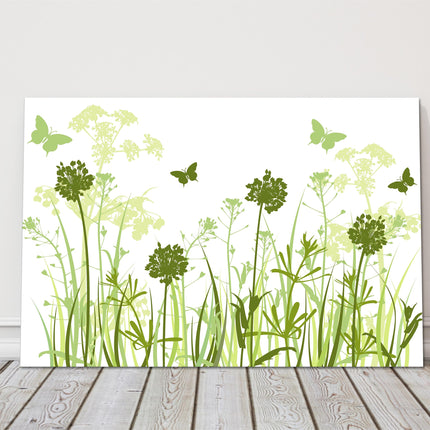 Wild flowers, green grasses. Canvas picture print green and white art