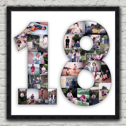 Framed photo collage. Number shape. 1 2 3 18 21 30 40 50 60 70 80 90 100.