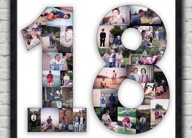 Framed photo collage. Number shape. 1 2 3 18 21 30 40 50 60 70 80 90 100.