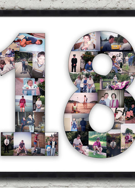 Framed photo collage. Number shape. 1 2 3 18 21 30 40 50 60 70 80 90 100.