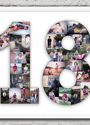 Framed photo collage. Number shape. 1 2 3 18 21 30 40 50 60 70 80 90 100.