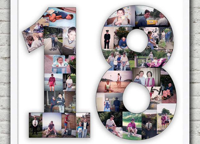 Framed photo collage. Number shape. 1 2 3 18 21 30 40 50 60 70 80 90 100.