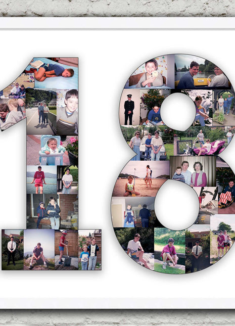 Framed photo collage. Number shape. 1 2 3 18 21 30 40 50 60 70 80 90 100.