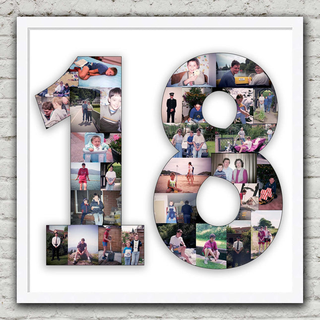 Framed photo collage. Number shape. 1 2 3 18 21 30 40 50 60 70 80 90 100.