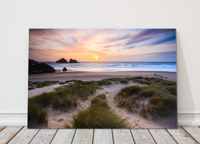 Holywell bay at sunset, Cornwall, Canvas picture print.