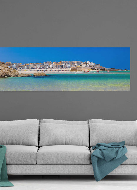St Ives, panoramic canvas picture print. Cornwall beach scene and harbour.