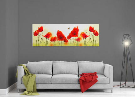 Poppies and bees. Wild flowers panoramic canvas picture print.