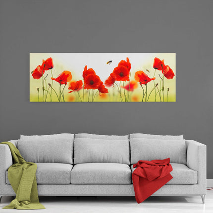 Poppies and bees. Wild flowers panoramic canvas picture print.