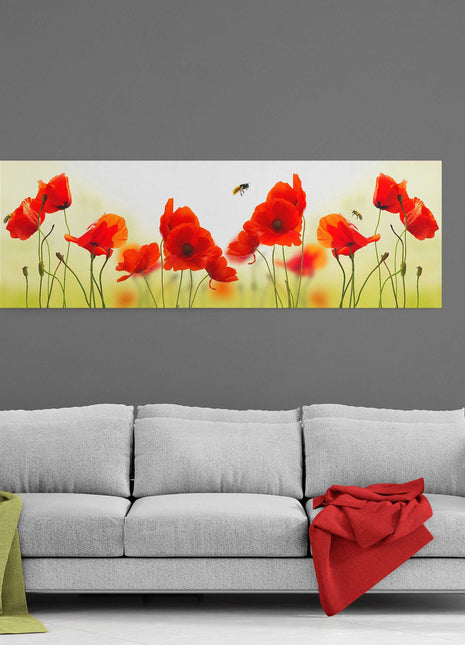 Poppies and bees. Wild flowers panoramic canvas picture print.