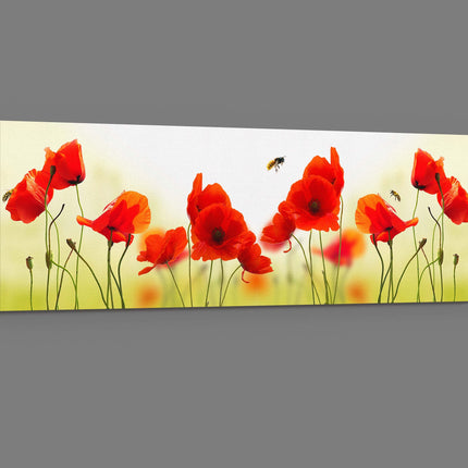 Poppies and bees. Wild flowers panoramic canvas picture print.