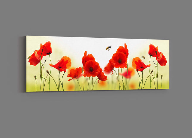 Poppies and bees. Wild flowers panoramic canvas picture print.