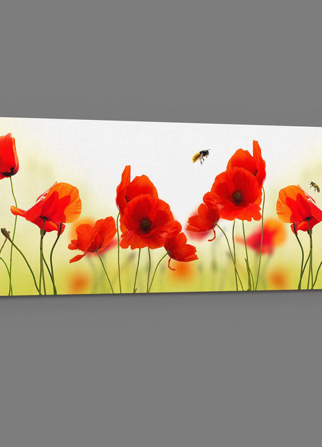 Poppies and bees. Wild flowers panoramic canvas picture print.