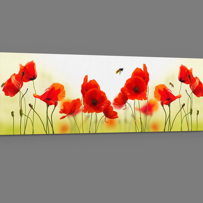 Poppies and bees. Wild flowers panoramic canvas picture print.