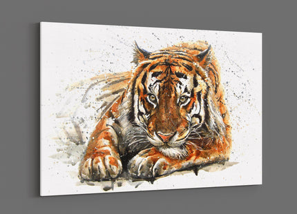 Bengal Tiger painting, splash effect. Big cat, animal watercolour canvas picture
