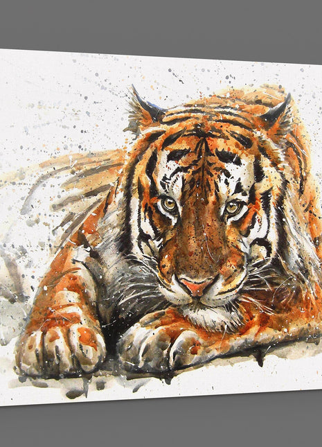Bengal Tiger painting, splash effect. Big cat, animal watercolour canvas picture