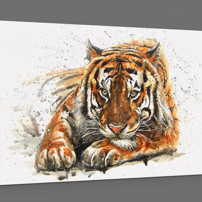 Bengal Tiger painting, splash effect. Big cat, animal watercolour canvas picture