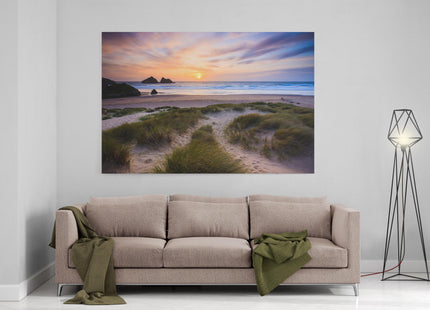holywell bay beach canvas picture print cornwall near newquay sunset sand duns