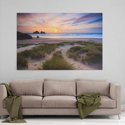 holywell bay beach canvas picture print cornwall near newquay sunset sand duns