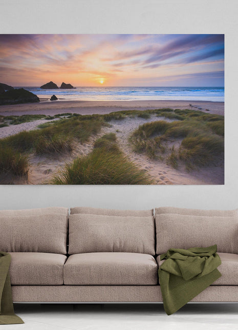 holywell bay beach canvas picture print cornwall near newquay sunset sand duns