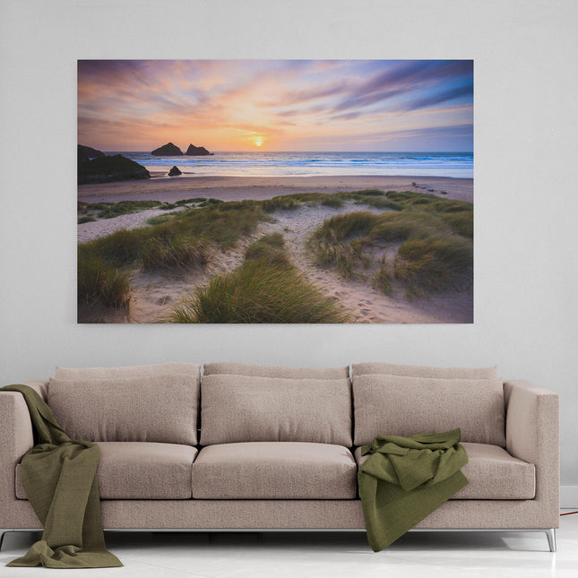 holywell bay beach canvas picture print cornwall near newquay sunset sand duns