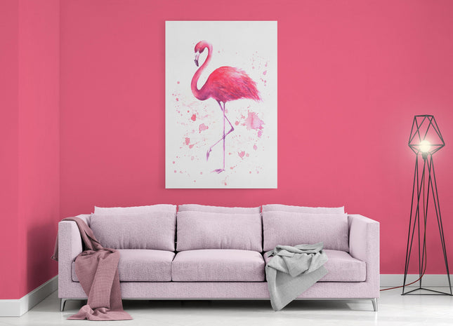Pink flamingo watercolour pain splash white background canvas picture print