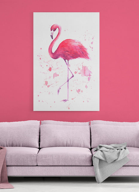 Pink flamingo watercolour pain splash white background canvas picture print